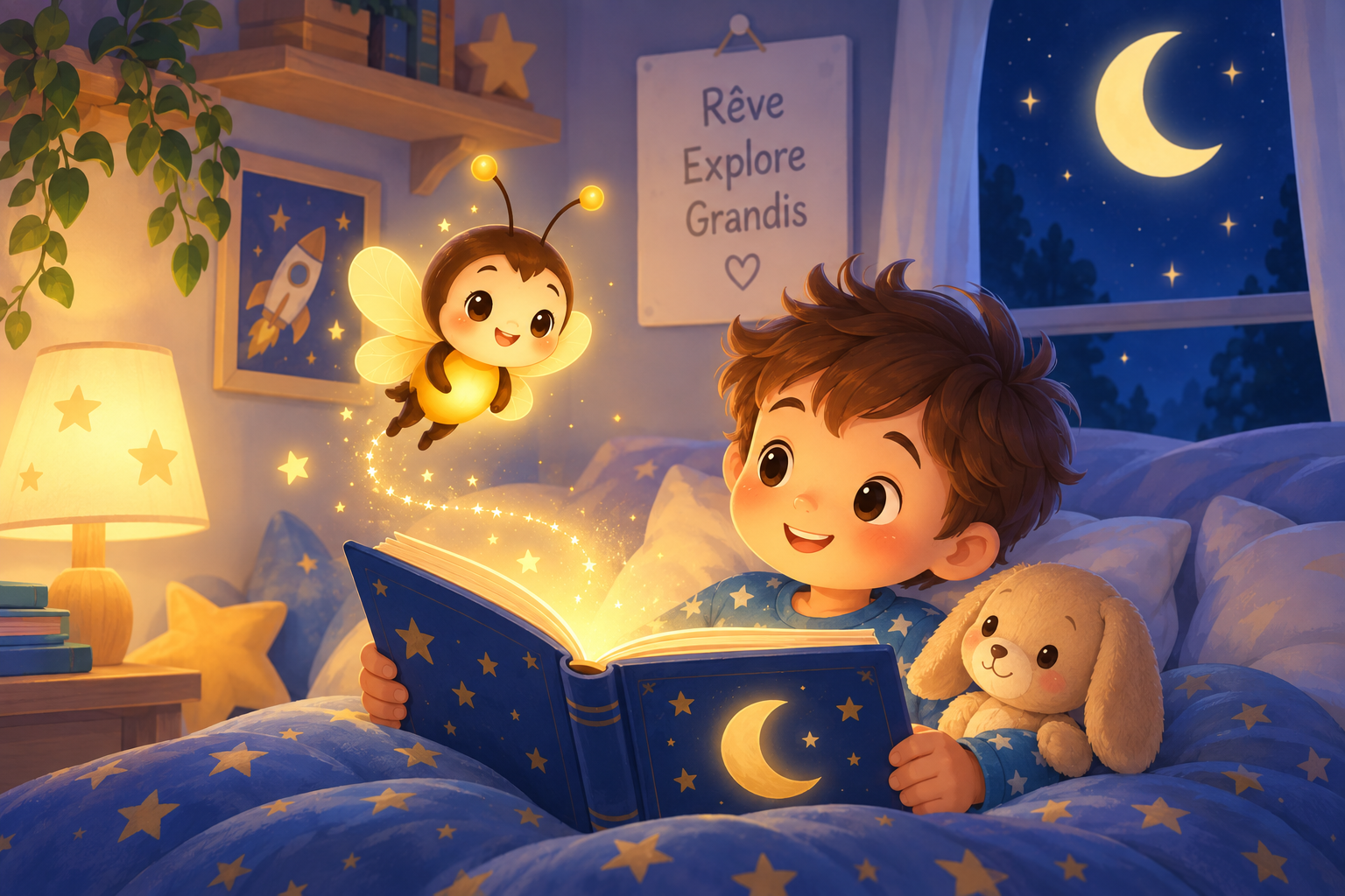 Un enfant plongé dans une histoire, entouré d'un univers imaginaire qui prend vie