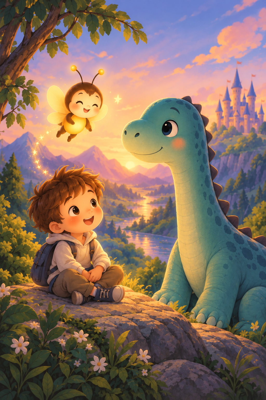 Couverture illustrée : un petit garçon et son dinosaure sous un ciel étoilé rassurant